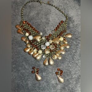 Traci Lynn  Runway Statement Heart Crystal Bronze Tone Bib Necklace & Earrings